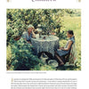 A black-and-white photo from Schiffer Publishing, Ltd.'s "Renaissance Realm" evokes a Pre-Raphaelite scene: a woman and girl at a tea table in a sunlit, flower-filled garden, with a dog resting beneath them.