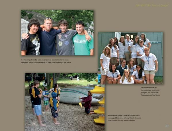 A collage from "Hello Mother, Hello Father: Celebrating Summer Camp" by Schiffer Publishing, Ltd. shows boys and an adult outside, smiling teens by a cabin, and kids in life jackets preparing for canoeing near stacked canoes.