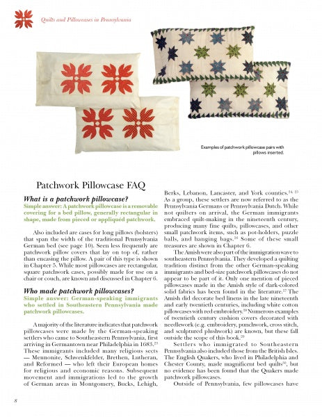Three pairs of 19th-century patchwork pillowcases with geometric and floral patterns are shown above text about their history in Pennsylvania, from "Pennsylvania Patchwork Pillowcases & Other Small Treasures" by Schiffer Publishing, Ltd.