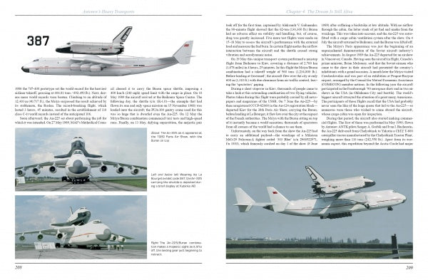 A two-page spread in "Antonov's Heavy Transports" by Schiffer Publishing, Ltd. showcases the An-225 Mriya with side, front, and in-flight photos, plus history, features, and its relation to the An-124.