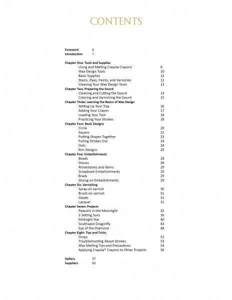 Table of contents for Miriam Joy's Wax Design Technique by Schiffer Publishing, Ltd., listing chapters on tools, basic designs, gourd decorating, wax techniques, troubleshooting, a gallery, and suppliers with page numbers.