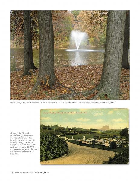 A vibrant photo of a fountain in an autumn pond sits above a sepia postcard of manicured gardens, evoking the timeless charm of Olmsted Parks in New Jersey. Published by Schiffer Publishing, Ltd., it celebrates classic landscape architecture.