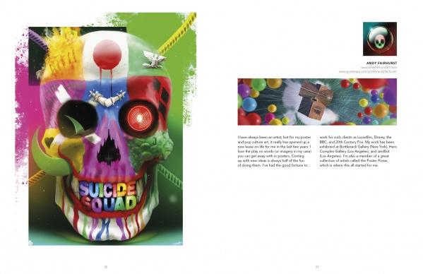 A vibrant skull with balloons and a toy soldier, featuring "SUICIDE SQUAD" in its mouth, captures pop film art on PosterSpy by Schiffer Publishing, Ltd., next to an artist photo, more art, and a short bio.