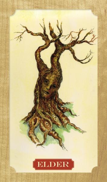 An illustration of a gnarled tree with a human-like face in its trunk, labeled “ELDER” on red, evokes self-awareness. Designed as a card from the Tree of Life Oracle by Schiffer Publishing, Ltd.
