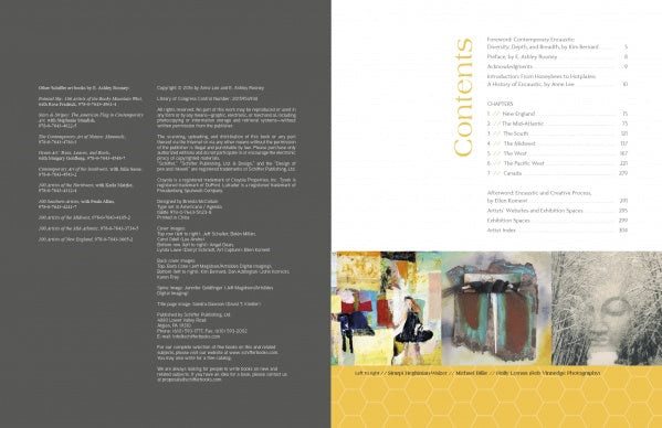 A two-page spread from Encaustic Art in the Twenty-First Century (Schiffer Publishing, Ltd.): left page lists credits/contributors in small text; right page has a vertical “Contents,” a table of contents, abstract encaustic art, and a honeycomb pattern at the bottom.