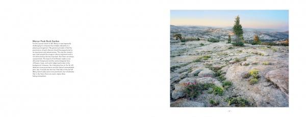 A wide, rocky landscape with sparse grass and small trees under a dawn or dusk sky. On the right, a photo captures the Sierra Nevada’s beauty for "High Sierra" by Schiffer Publishing, Ltd., with descriptive text on the left.
