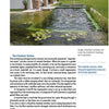 A page from Schiffer Publishing, Ltd.’s "Garden Pools and Swimming Ponds" features a modern house with a natural swimming pond, comparing two-chamber swimming/regeneration systems to single-chamber pools favored for easier building and use.