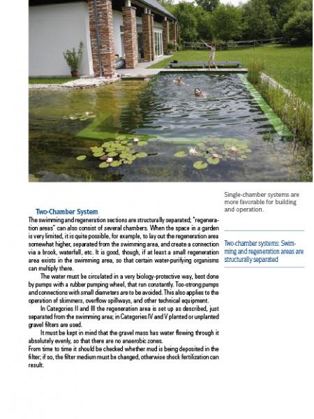 A page from Schiffer Publishing, Ltd.’s "Garden Pools and Swimming Ponds" features a modern house with a natural swimming pond, comparing two-chamber swimming/regeneration systems to single-chamber pools favored for easier building and use.