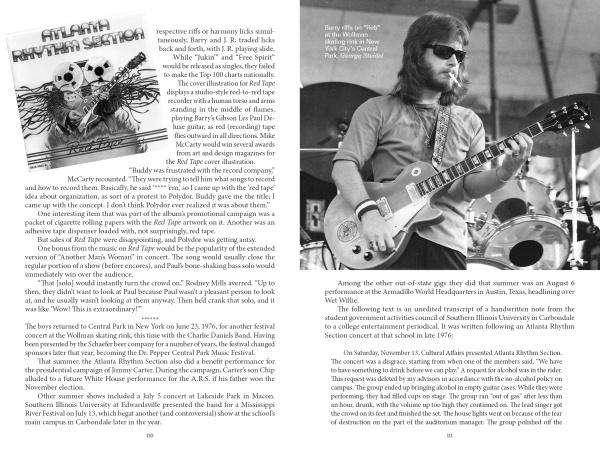 An open magazine displays a black-and-white spread: the left page features text and the album cover for The Atlanta Rhythm Section by Schiffer Publishing, Ltd., while the right shows a bearded man playing guitar on stage.