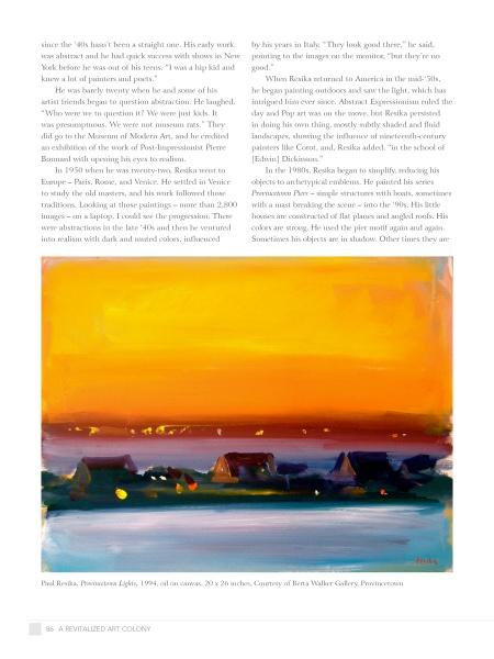 Perspectives on the Provincetown Art Colony by Schiffer Publishing, Ltd. features a vibrant painting of a coastal sunset with orange, red, and yellow skies, blue water, and dark houses, accompanied by text and an article beside the image.