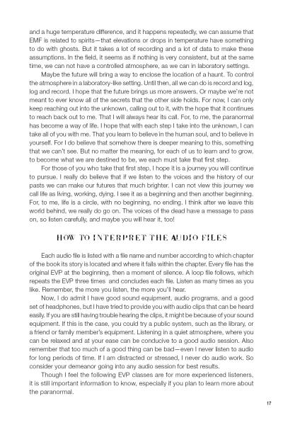A page from Dead Whispers by Schiffer Publishing, Ltd. explores paranormal investigation methods, spirit detection challenges at haunted locations, and features a bold "How to Interpret the Audio Files" section with step-by-step reader instructions.