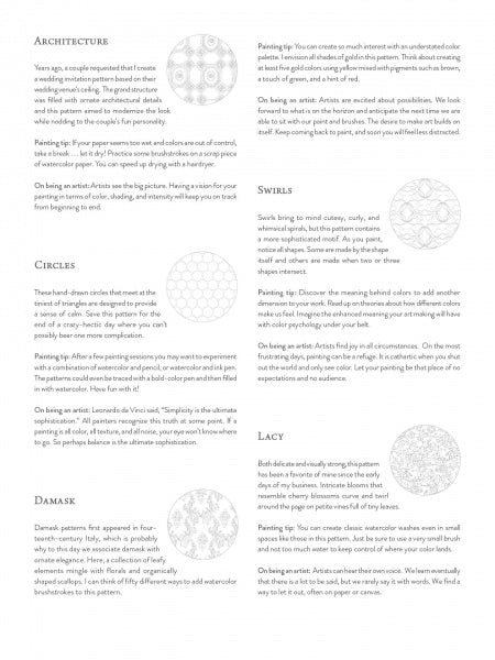 A page from Schiffer Publishing, Ltd.'s Painterly Days art book features text on painting ideas and circular, lace, and damask patterns, with small grayscale watercolor floral sketches of each pattern style in the margins.