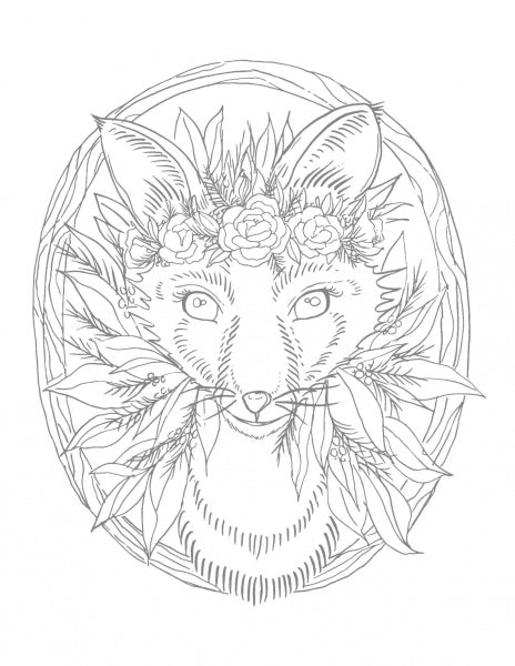 A line drawing of a fox’s head in an oval, adorned with a flower crown and winter plants. Inspired by Kristy Rice’s watercolor book "Kristy's Winter Cutting Garden" from Schiffer Publishing, Ltd.—perfect for coloring enthusiasts.