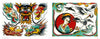 Left: Vibrant dragon and tiger heads with flowers evoke Japanese myths. Right: Geisha in kimono, cranes, waves, and rope—all in bold Japanese tattoo flash style from "Classic Flash 3" by Schiffer Publishing, Ltd.