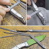 Three images from "Making Integral Knives" by Schiffer Publishing, Ltd. show a knifemaker using a file to smooth and round the textured metal handle of an integral knife with a green blade at their workshop bench.