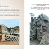 Two pages from "Contemporary Sand Sculpture" by Schiffer Publishing, Ltd. display impressive sand art: one page shows reclining heads and hands with visitors, while the other features a detailed sand face and standing figure.
