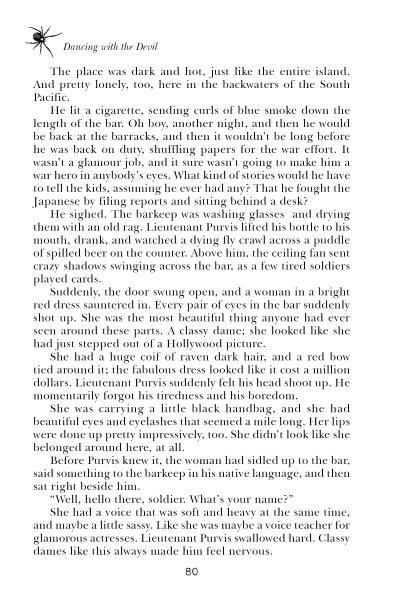 Page from Scary Urban Legends by Schiffer Publishing, Ltd. The text sets a dark, hot bar in the South Pacific, evoking an eerie mood as a lonely man watches patrons and a glamorous woman enters. Page 80 is noted at the bottom.