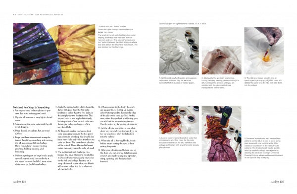 A spread from "The Fine Art of Painting on Silk" by Schiffer Publishing, Ltd. shows step-by-step instructions and close-up photos for making tie-dye patterns on fabric using silk painting and folding techniques.