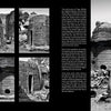 Six black-and-white photos from "Villages of West Africa" by Schiffer Publishing, Ltd. capture vernacular architecture: conical thatched roofs, sculpted walls, carved doors, and pottery vessels—all set in a rural West African landscape.