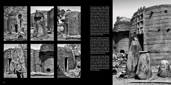 Six black-and-white photos from "Villages of West Africa" by Schiffer Publishing, Ltd. capture vernacular architecture: conical thatched roofs, sculpted walls, carved doors, and pottery vessels—all set in a rural West African landscape.