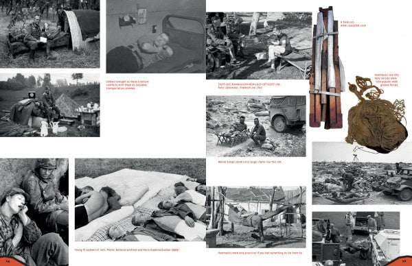 Ruhetag by Schiffer Publishing, Ltd. features black-and-white photos of WWII German soldiers—resting, in hammocks, and camping—with visible gear like stretchers and parachutes, plus labeled images highlighting Health and Hygiene.