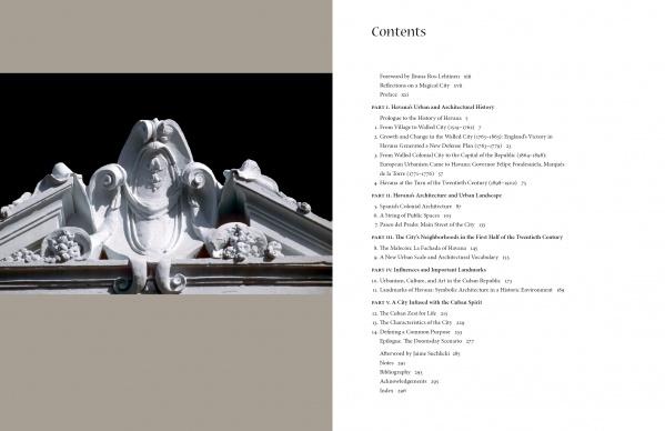 On the right, Havana Forever’s contents page lists chapters on architectural history; on the left, a close-up of an ornate white pediment reflects the elegance and heritage of old Havana. Published by Schiffer Publishing, Ltd.