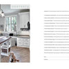 A kitchen with white cabinets, a large island, and wood countertops features a dog on the floor. On the right, the table of contents for "Anatomy of a Great Home" by Schiffer Publishing, Ltd. lists topics on award-winning and sustainable home design.