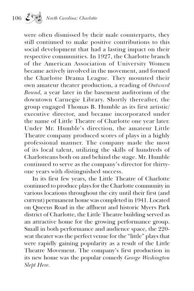 A page from "Haunted Theaters of the Carolinas" (Schiffer Publishing, Ltd.) details Charlotte’s theater history, including the AAUW, the Charlotte Drama League, the Little Theatre, theater superstitions, and "George Washington Slept Here.