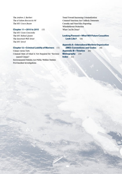 Table of contents page for "Maritime Casualties" by Schiffer Publishing, Ltd., displaying chapter titles, headings, and page numbers on a faded background image of a ship at sea.