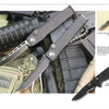 Two black self-defense knives are displayed with firearms, ammo, tactical gear, a tan Maxpedition pouch, and a military patch, perfect for fans of Combat Knives and Knife Combat by Schiffer Publishing, Ltd.
