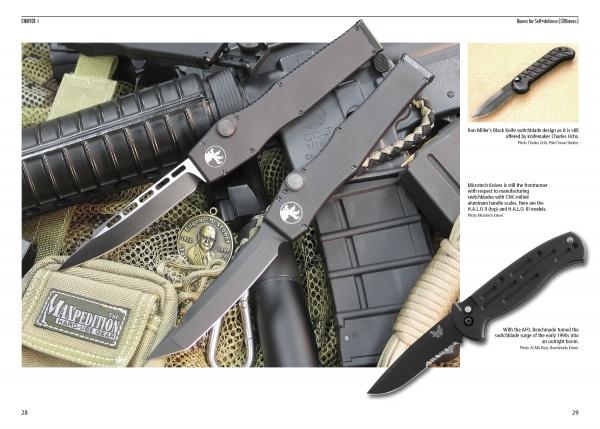 Two black self-defense knives are displayed with firearms, ammo, tactical gear, a tan Maxpedition pouch, and a military patch, perfect for fans of Combat Knives and Knife Combat by Schiffer Publishing, Ltd.