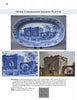 A blue and white oval platter, featured in "Extraordinary British Transferware: 1780-1840" by Schiffer Publishing, Ltd., shows a detailed transferware scene with an ancient arch and palm trees, plus close-up imagery and visible maker's mark.