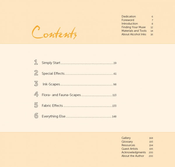 The table of contents in *Pigments of Your Imagination* by Schiffer Publishing, Ltd. features orange text and lists sections like Simply Start, Special Effects, Ink-Scapes, Flora- and Fauna-Scapes, Fabric Effects, and more with page numbers.
