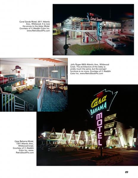Wildwood's Neon Nights & Motel Memories" by Schiffer Publishing, Ltd. features a collage of vintage Wildwood, NJ motels—Coral Sands, Jolly Roger’s vibrant lobby, and Casa Bahama—illuminated by glowing neon signs and classic Doo Wop architecture at night.