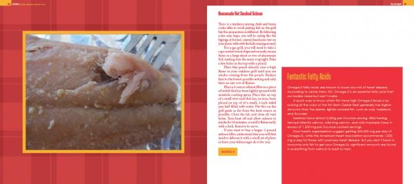 A close-up of cooked fish appears on the left, while Jim Bailey presents homemade fish breakfasts and low-fat cooking tips—all featured in "Refreshed" by Schiffer Publishing, Ltd. against a red checkered backdrop.