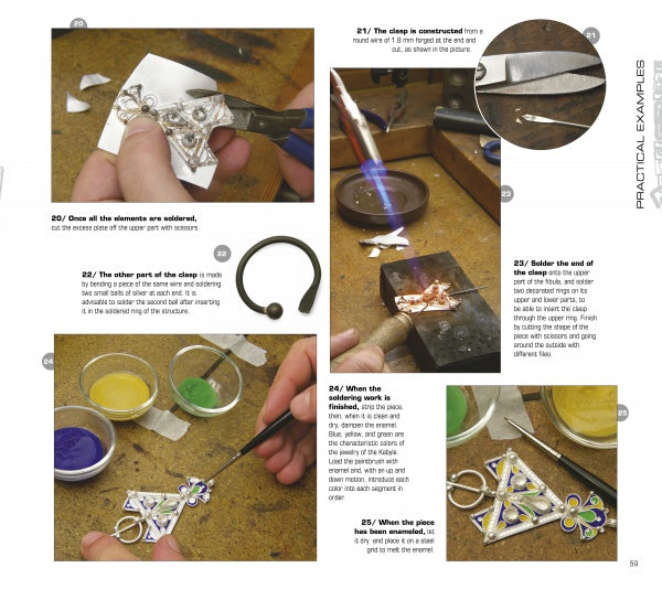 The book "Basic Metal Jewelry Techniques" by Schiffer Publishing, Ltd. guides readers step-by-step through soldering, assembling, and polishing a silver brooch with enamel, featuring close-ups of tools, materials, and partially finished pieces.