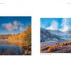 Two landscape photos from "Back Roads of Southern California" by Schiffer Publishing, Ltd.: left—calm lake, mountains, trees, blue sky; right—frosty valley, snowy peaks, autumn trees. Both are bordered by white space.