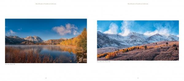 Two landscape photos from "Back Roads of Southern California" by Schiffer Publishing, Ltd.: left—calm lake, mountains, trees, blue sky; right—frosty valley, snowy peaks, autumn trees. Both are bordered by white space.