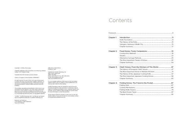 Table of contents page from "The Big Book of Knives" by Schiffer Publishing, Ltd., lists chapters and subheadings like types of knives and folding knives with page numbers. Black text on white background with wide margins.