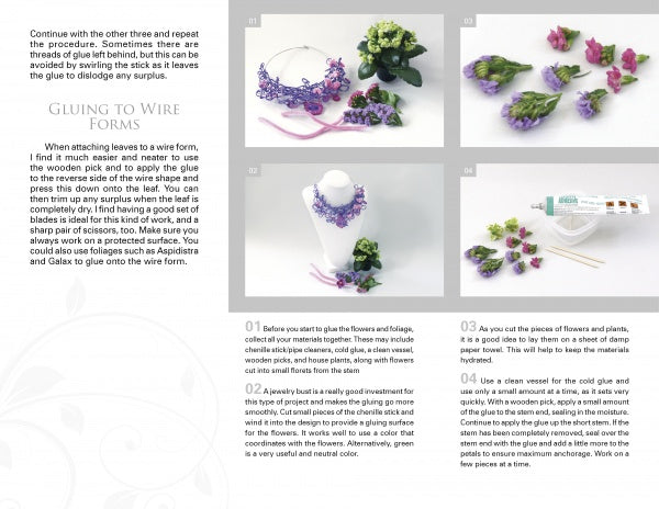 Fresh Floral Jewelry" by Schiffer Publishing, Ltd. is a step-by-step guide for creating jewelry with flowers, featuring process images, finished designs, essential tools like glue, and clear instructions—all on a clean white background.