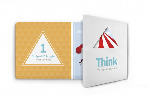 The Think Triangles! interactive book by Schiffer Publishing, Ltd. features a preschool page with a "1 Striped Triangle" flap. Lift it to reveal red and white stripes and the word "Think," inspiring kids' analytical thinking skills.