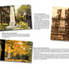 A page from "Greetings from Charlottesville, Virginia, and Albemarle County" by Schiffer Publishing, Ltd. (page 106) features images of Jefferson's tomb at Monticello: an obelisk-style grave, iron gate, and fenced area under autumn trees with descriptive text.