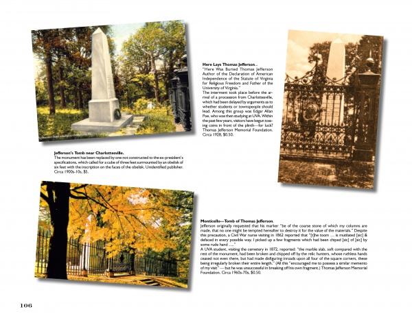 A page from "Greetings from Charlottesville, Virginia, and Albemarle County" by Schiffer Publishing, Ltd. (page 106) features images of Jefferson's tomb at Monticello: an obelisk-style grave, iron gate, and fenced area under autumn trees with descriptive text.