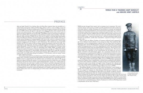 Two pages from The History of Dyess Air Force Base by Schiffer Publishing, Ltd.: the left page features a Preface; the right shows a chapter heading and a black-and-white photo of a man in military uniform, possibly tied to Dyess AFB or the B-1B bomber.