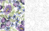A split image shows Kristy Rice’s watercolor art of purple flowers, green leaves, and plums on the left, and the same floral design as a black-and-white outline on the right from Schiffer Publishing’s The Art for Joy's Sake Journal.