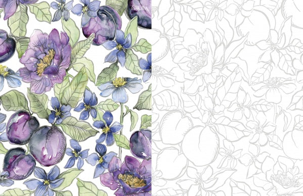 A split image shows Kristy Rice’s watercolor art of purple flowers, green leaves, and plums on the left, and the same floral design as a black-and-white outline on the right from Schiffer Publishing’s The Art for Joy's Sake Journal.