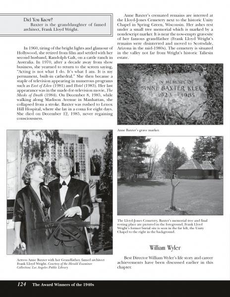 A page from "Fade to Black" by Schiffer Publishing, Ltd. features photos and text on Oscar-winning actress Anne Baxter and her grandfather, architect Frank Lloyd Wright, including images of them together and Anne's Hollywood grave.
