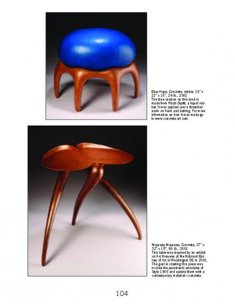 Two sculptural wooden stools: the top has a round base, curved legs, and a bright blue seat; the bottom has three long legs and an organic wavy seat, reflecting the artistry found in "Creating Concrete Art Furniture" by Schiffer Publishing, Ltd.