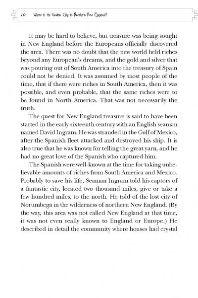 A page from "Lost Loot" by Schiffer Publishing, Ltd. explores early European beliefs in New England treasures, Spanish discoveries, ghost stories, and Seaman Ingram’s possible inventions to survive.
