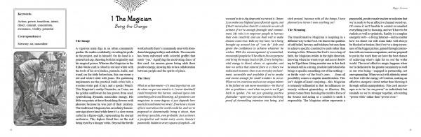 A book spread from The Everyday Enchantment Tarot by Schiffer Publishing, Ltd. shows The Magician card illustration on the left, with text outlining its meaning, keywords, and interpretation. The right page continues the explanation.